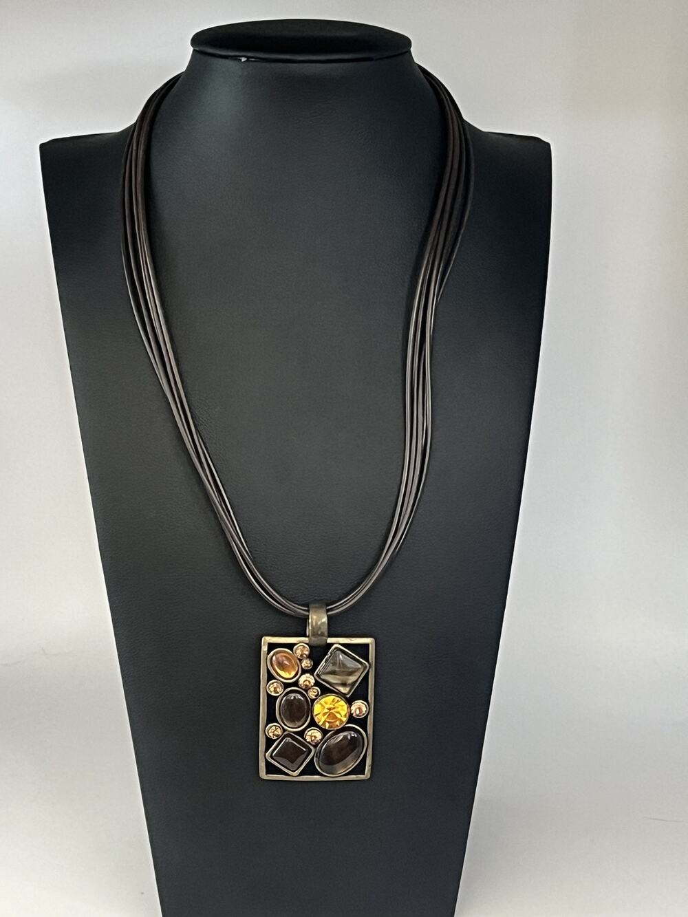 Park Lane Necklace Brown Rectangle Pendant Rhinestone Glass Stones Leather Cord